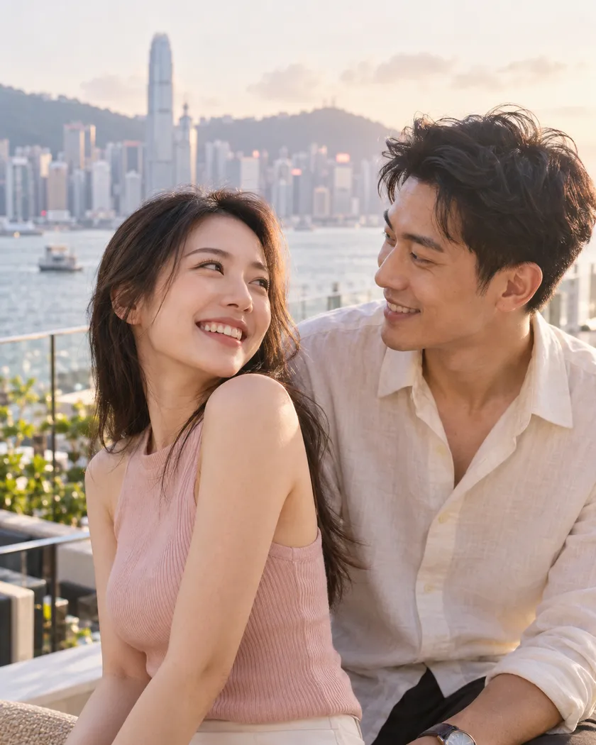 Two adults sharing a conversation overlooking Hong Kong’s harbour